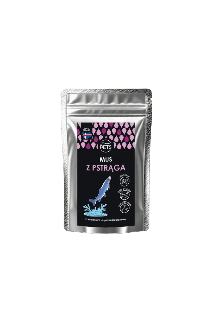 Plic alimentar pentru câine WOW!PETS Mus cu păstrăv 100g